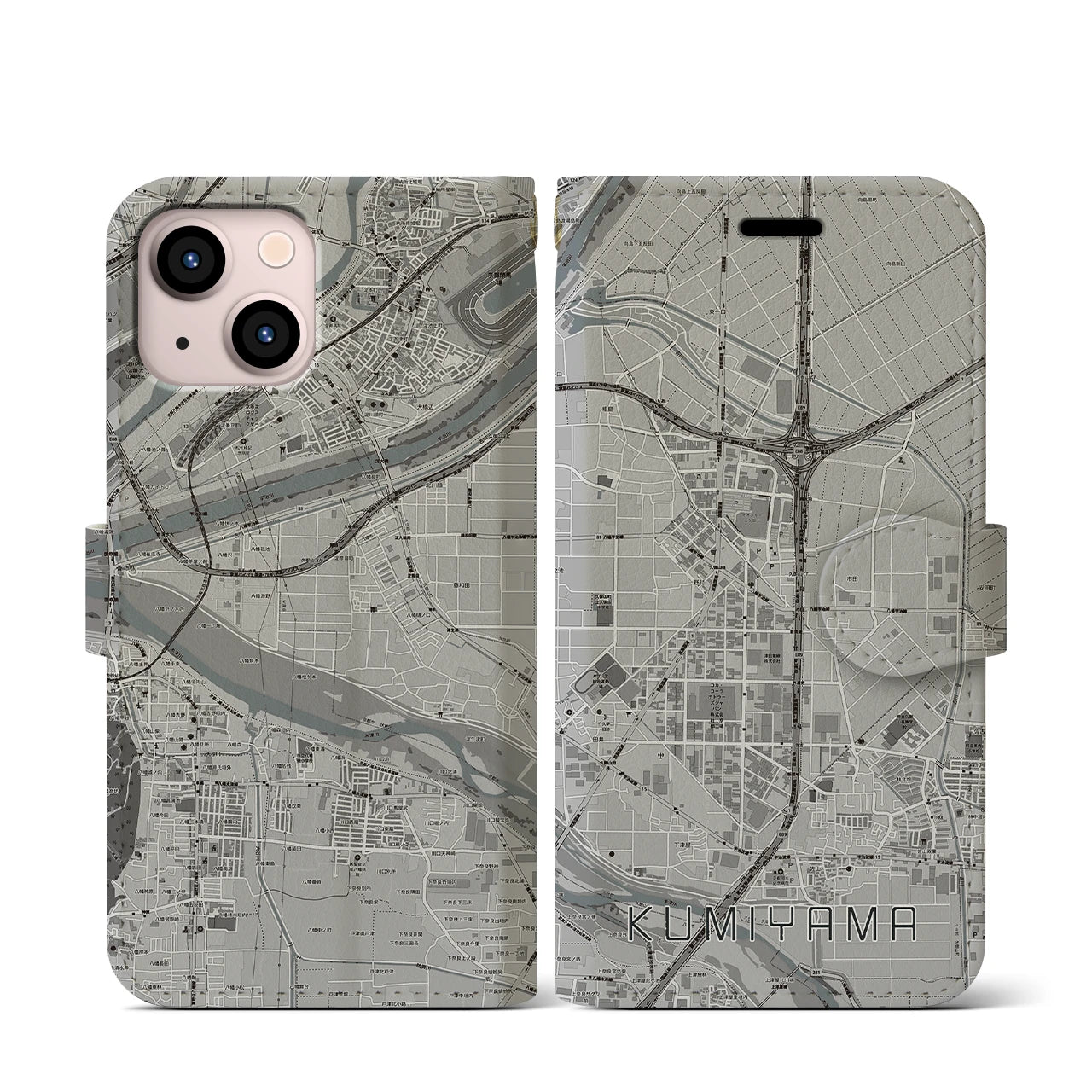【久御山(京都府)】地図柄iPhoneケース(手帳タイプ)モノトーン・iPhone 13 mini 用