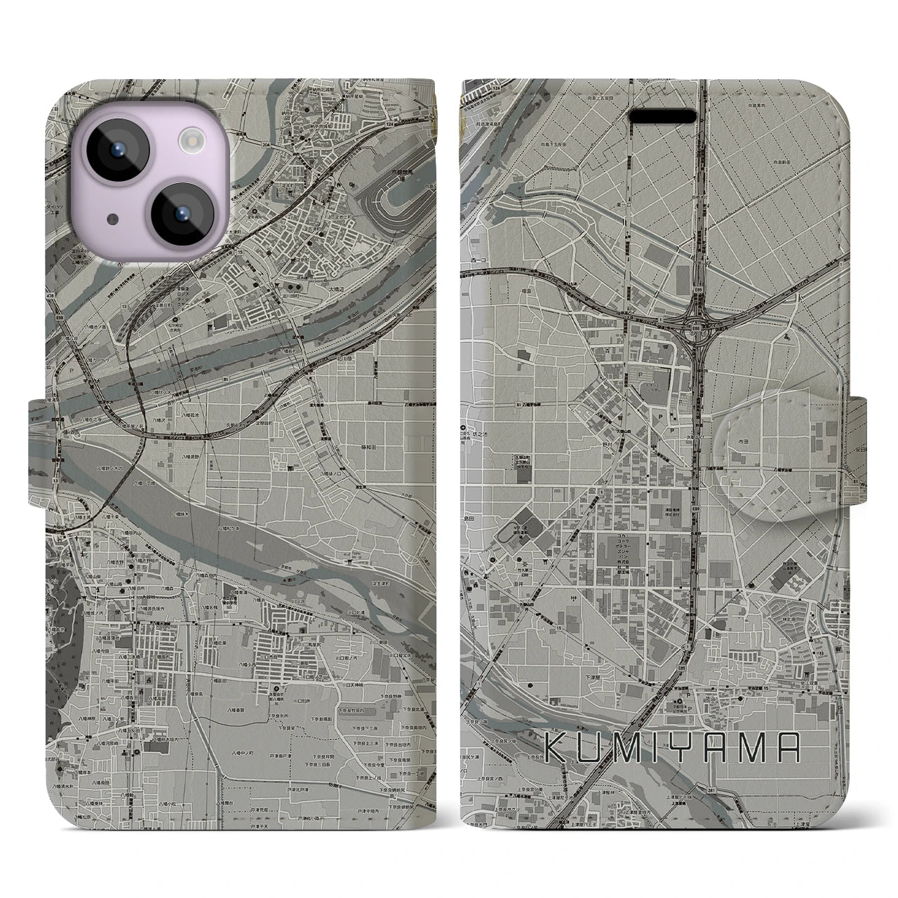【久御山(京都府)】地図柄iPhoneケース(手帳タイプ)モノトーン・iPhone 14 用