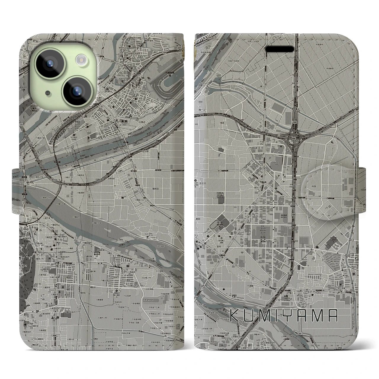 【久御山(京都府)】地図柄iPhoneケース(手帳タイプ)モノトーン・iPhone 15 用