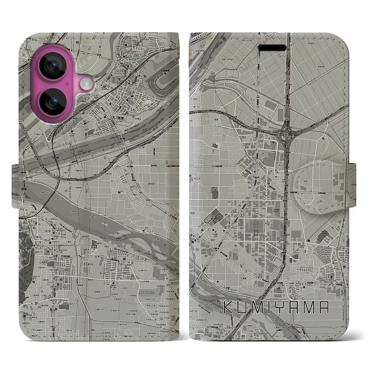 【久御山(京都府)】地図柄iPhoneケース(手帳タイプ)モノトーン・iPhone 16 Pro 用