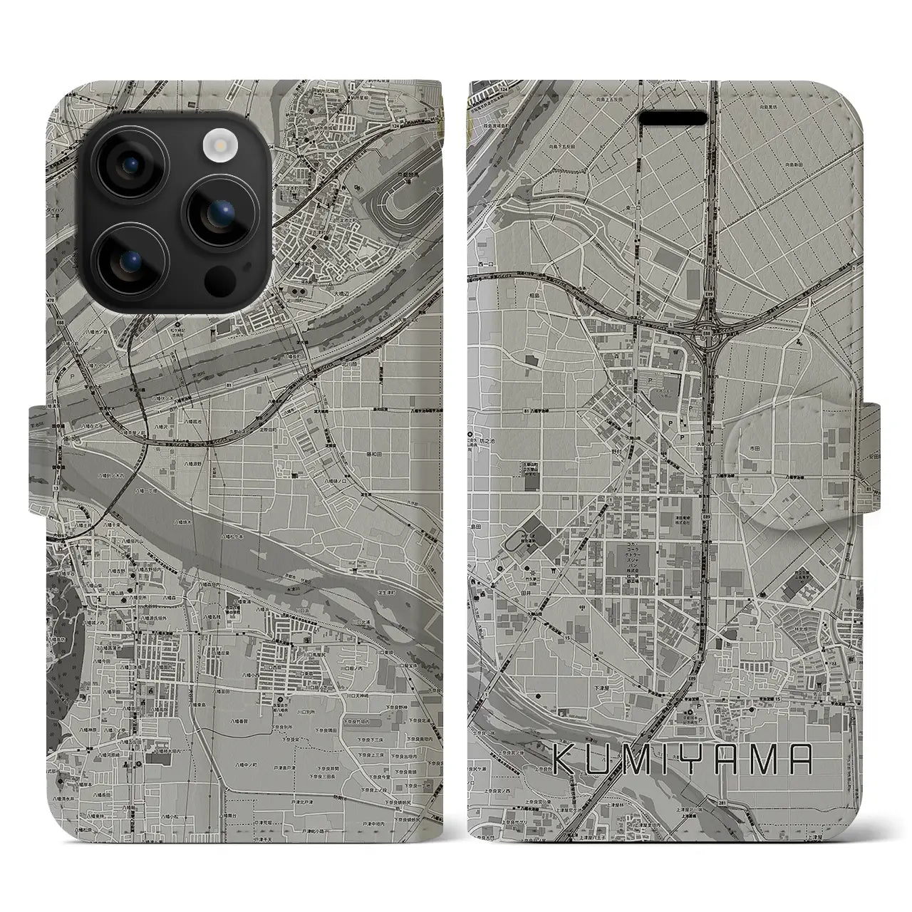 【久御山(京都府)】地図柄iPhoneケース(手帳タイプ)モノトーン・iPhone 16 用