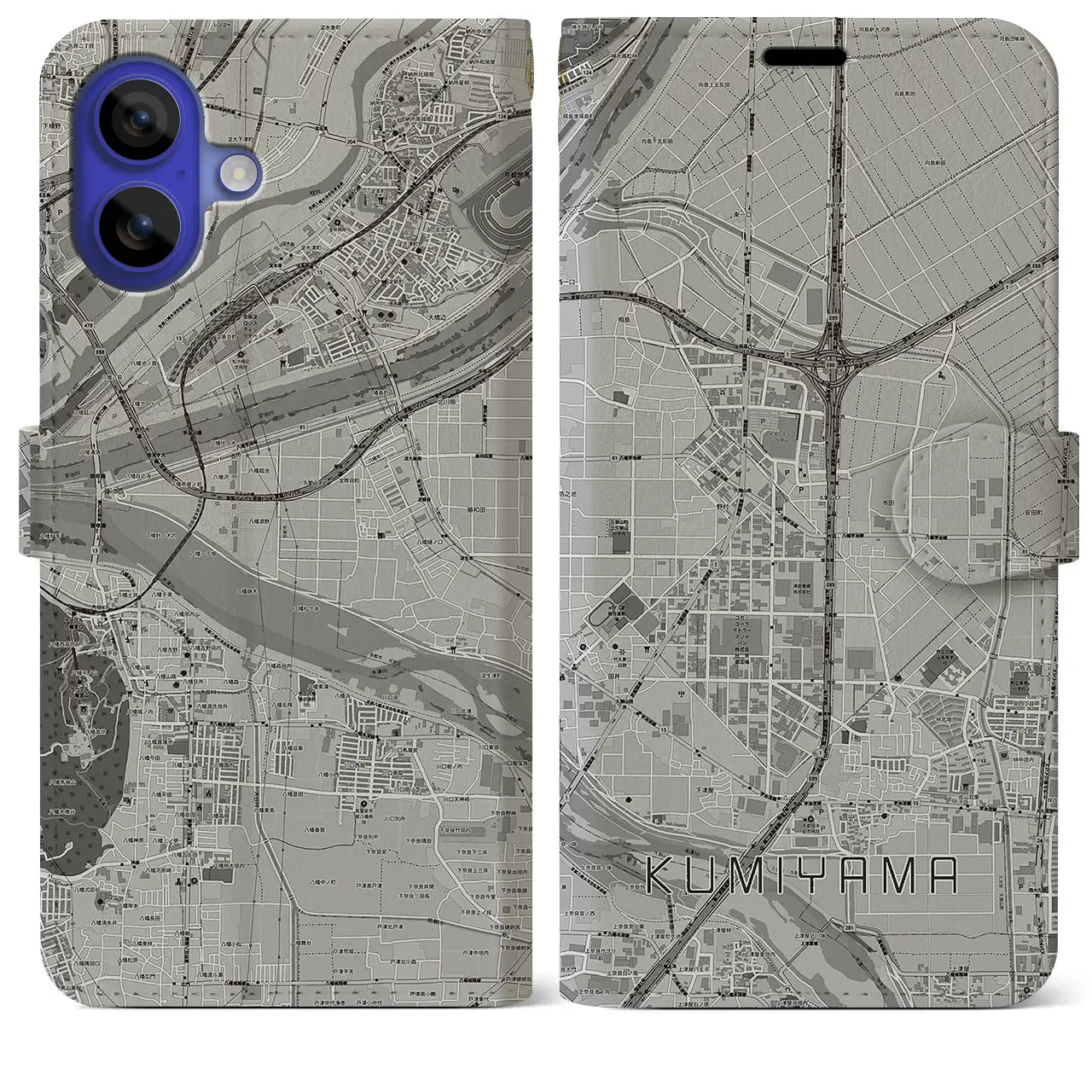 【久御山(京都府)】地図柄iPhoneケース(手帳タイプ)モノトーン・iPhone 16 Pro Max 用