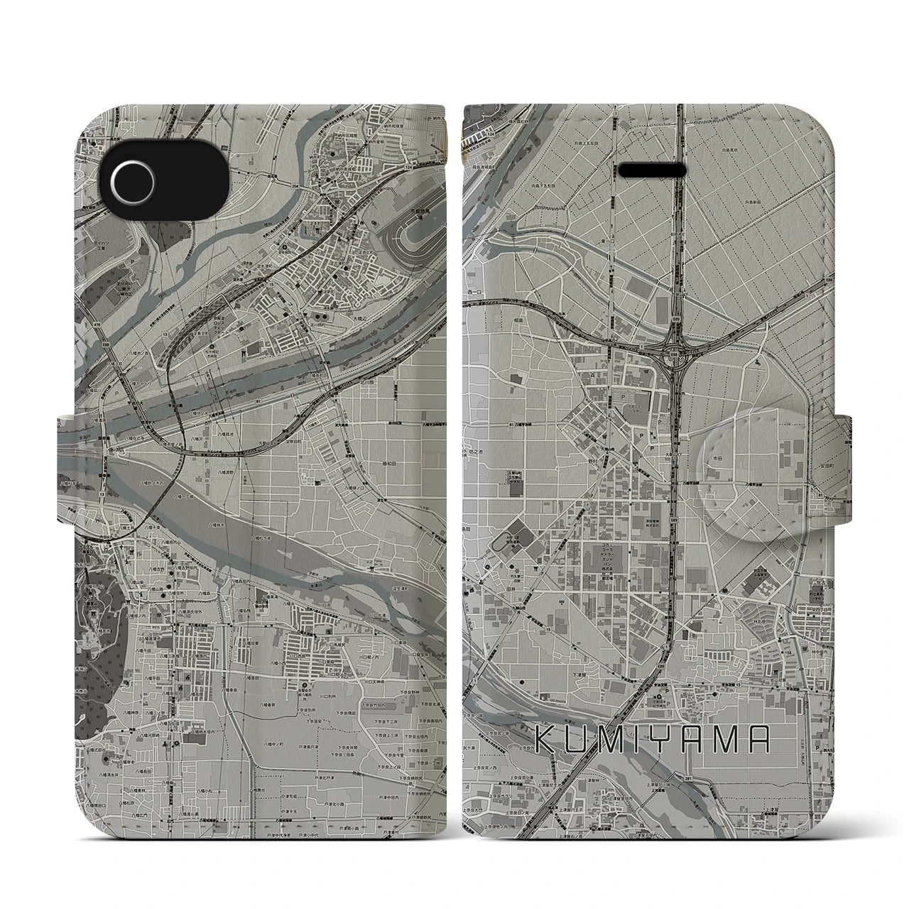 【久御山(京都府)】地図柄iPhoneケース(手帳タイプ)モノトーン・iPhone SE(第3 / 第2世代) / 8 / 7 / 6s / 6 用