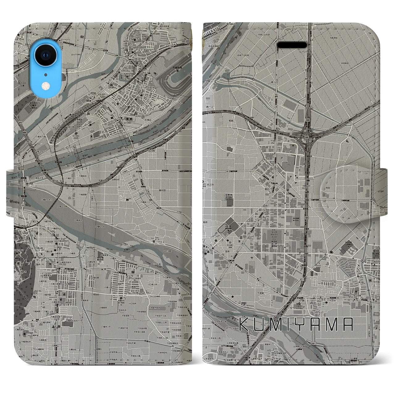 【久御山(京都府)】地図柄iPhoneケース(手帳タイプ)モノトーン・iPhone XR 用