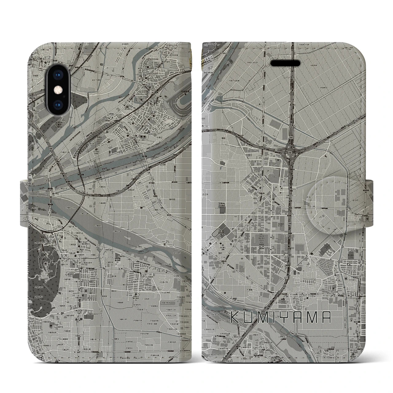 【久御山(京都府)】地図柄iPhoneケース(手帳タイプ)モノトーン・iPhone XS / X 用