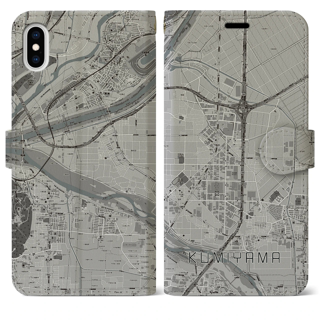 【久御山(京都府)】地図柄iPhoneケース(手帳タイプ)モノトーン・iPhone XS Max 用