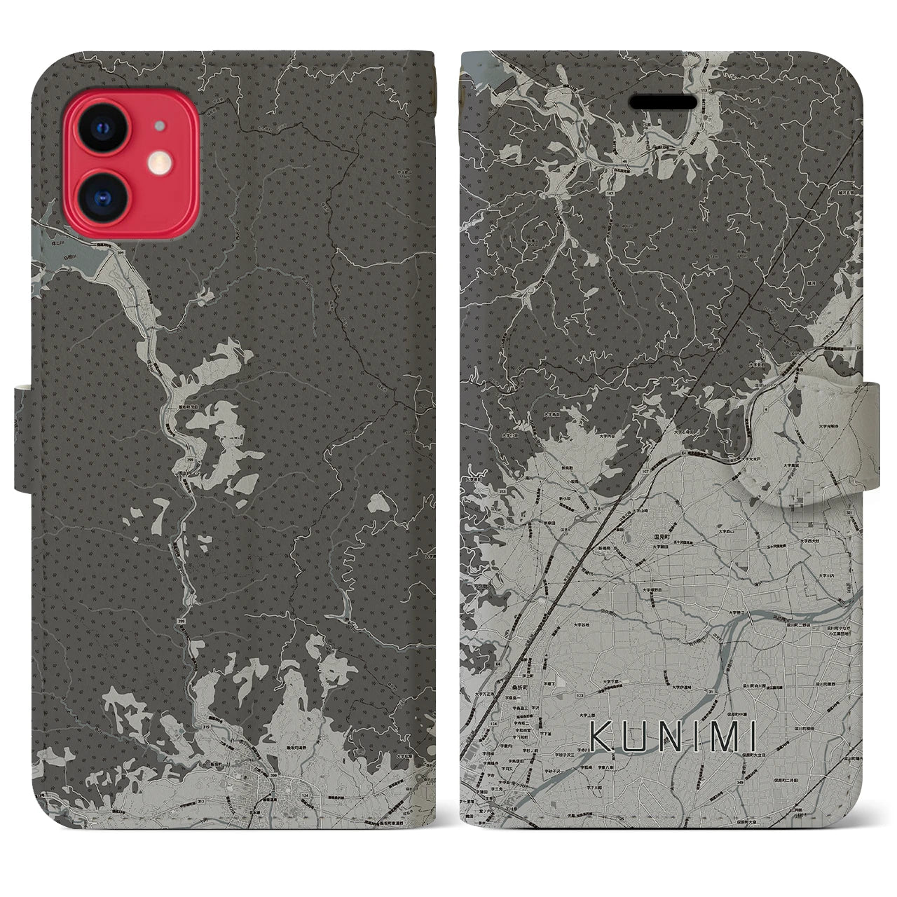 【国見(福島県)】地図柄iPhoneケース(手帳タイプ)モノトーン・iPhone 11 用