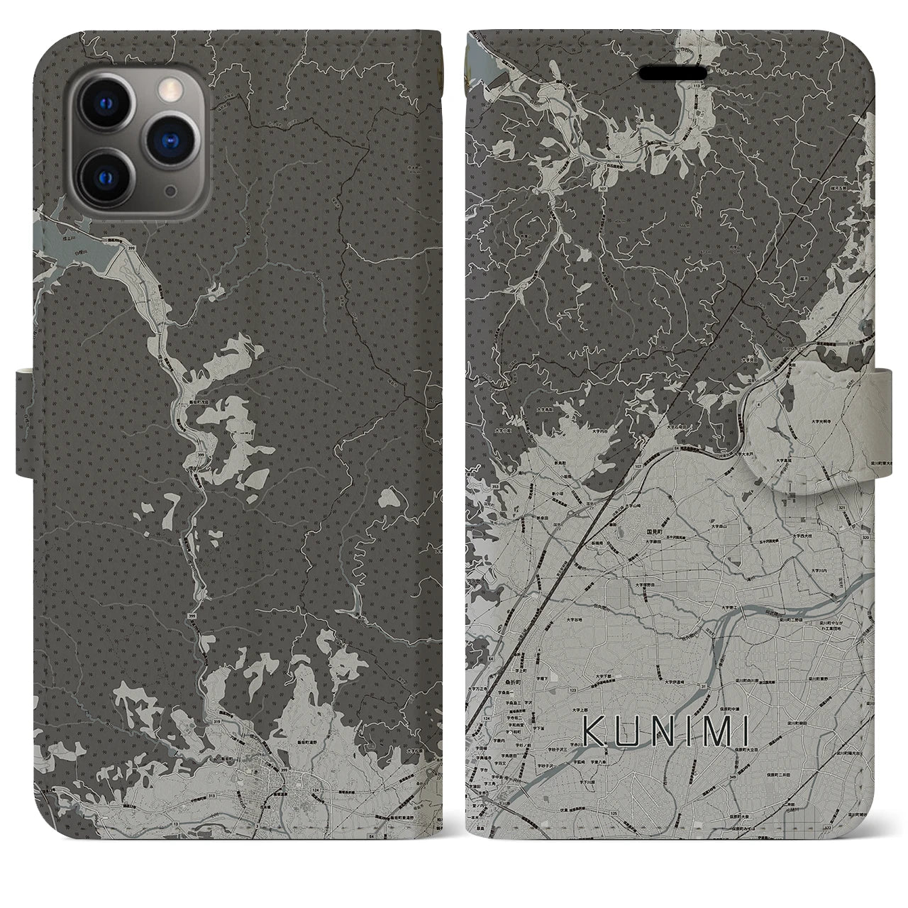 【国見(福島県)】地図柄iPhoneケース(手帳タイプ)モノトーン・iPhone 11 Pro Max 用