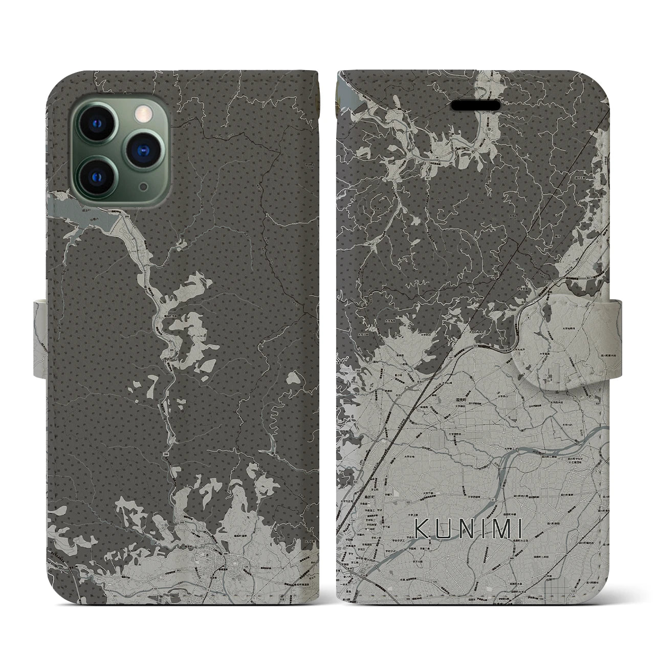 【国見(福島県)】地図柄iPhoneケース(手帳タイプ)モノトーン・iPhone 11 Pro 用