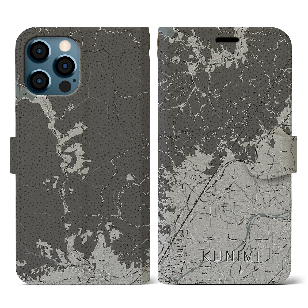 【国見(福島県)】地図柄iPhoneケース(手帳タイプ)モノトーン・iPhone 12 / 12 Pro 用
