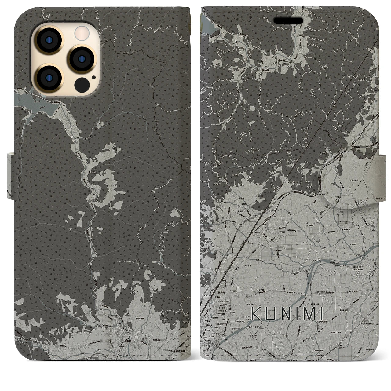 【国見(福島県)】地図柄iPhoneケース(手帳タイプ)モノトーン・iPhone 12 Pro Max 用