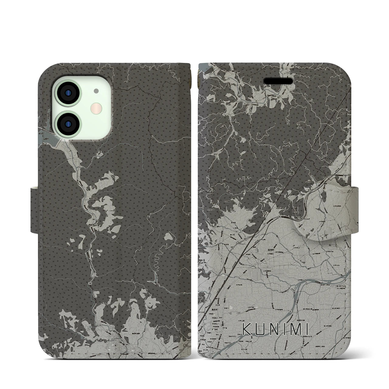【国見(福島県)】地図柄iPhoneケース(手帳タイプ)モノトーン・iPhone 12 mini 用