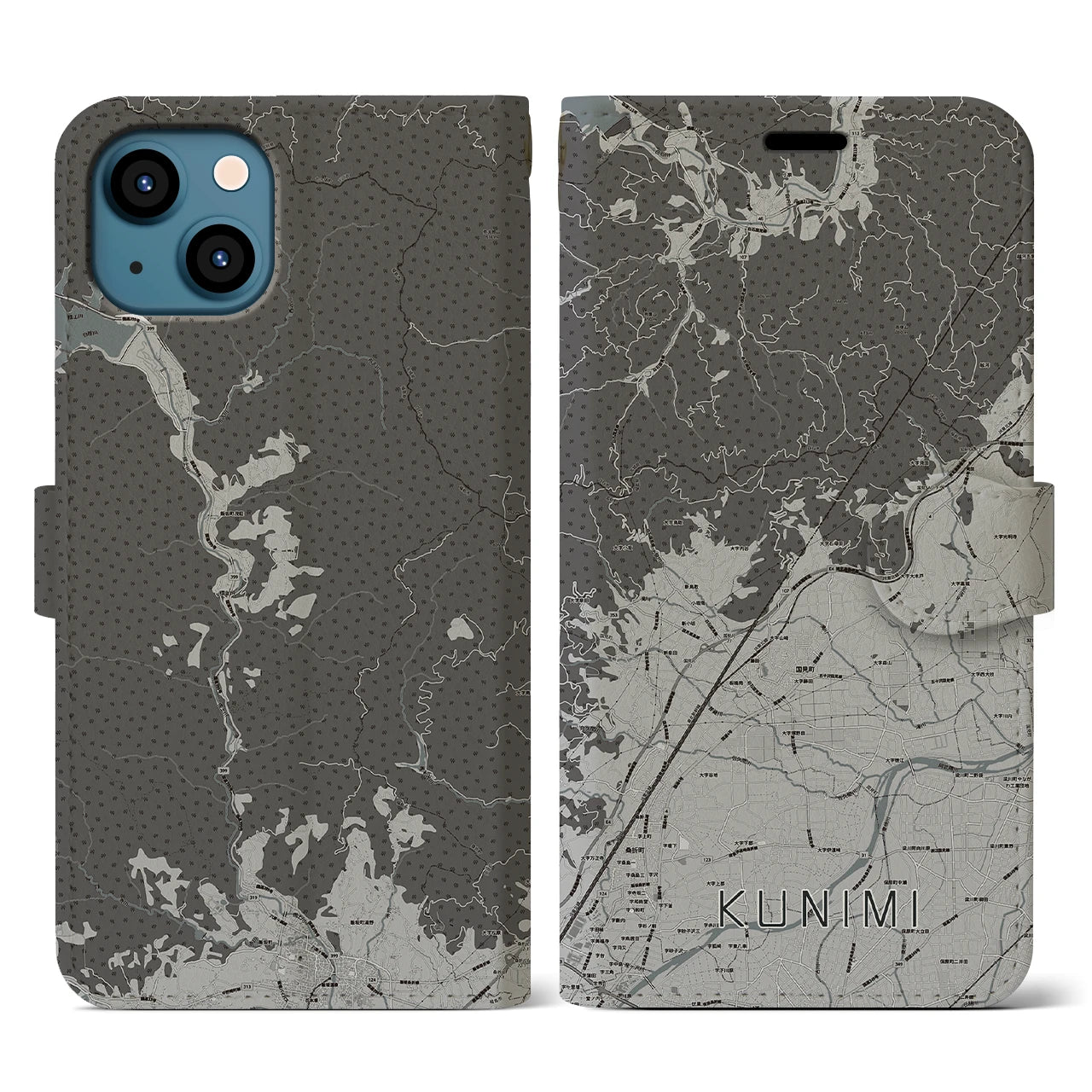 【国見(福島県)】地図柄iPhoneケース(手帳タイプ)モノトーン・iPhone 13 用