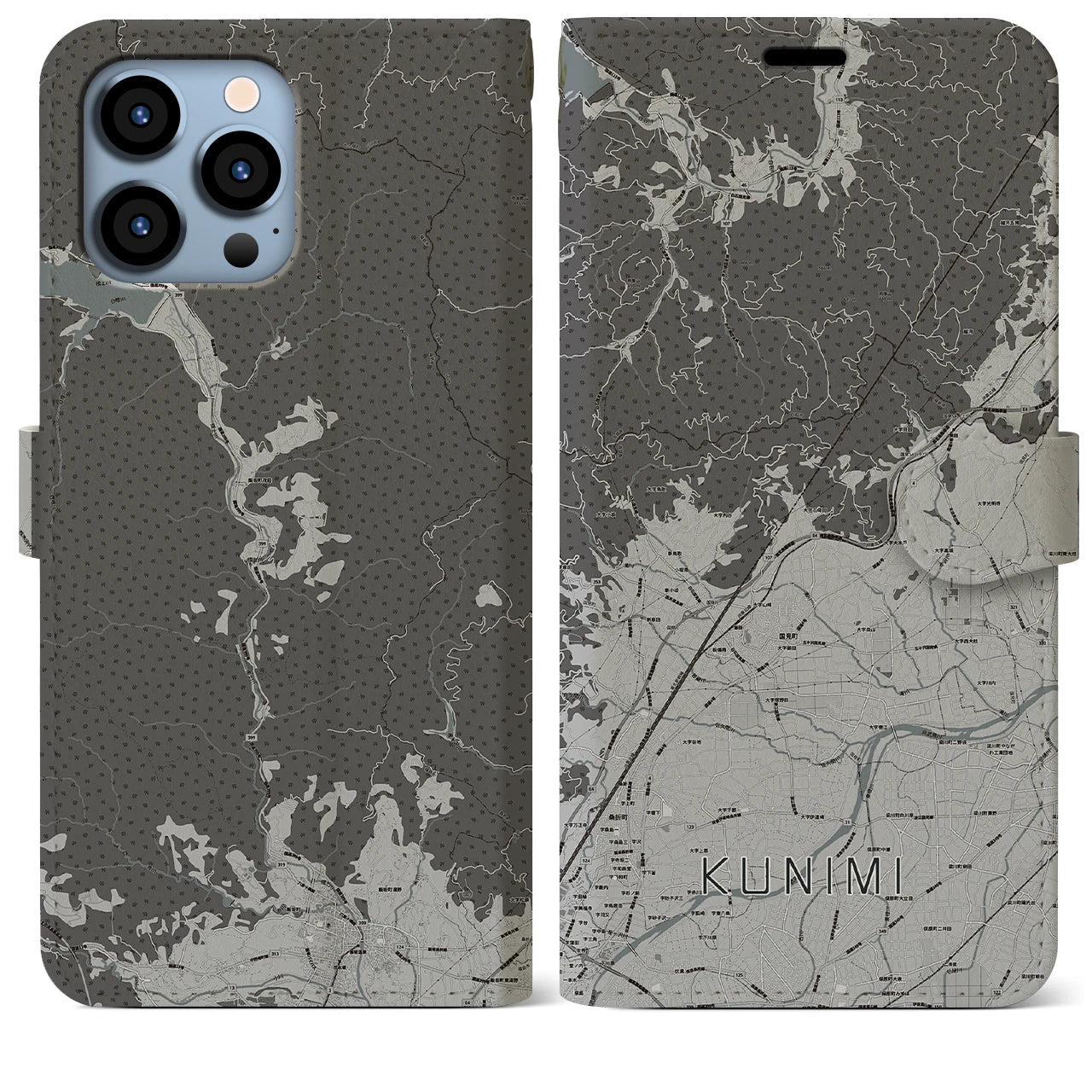 【国見(福島県)】地図柄iPhoneケース(手帳タイプ)モノトーン・iPhone 13 Pro Max 用