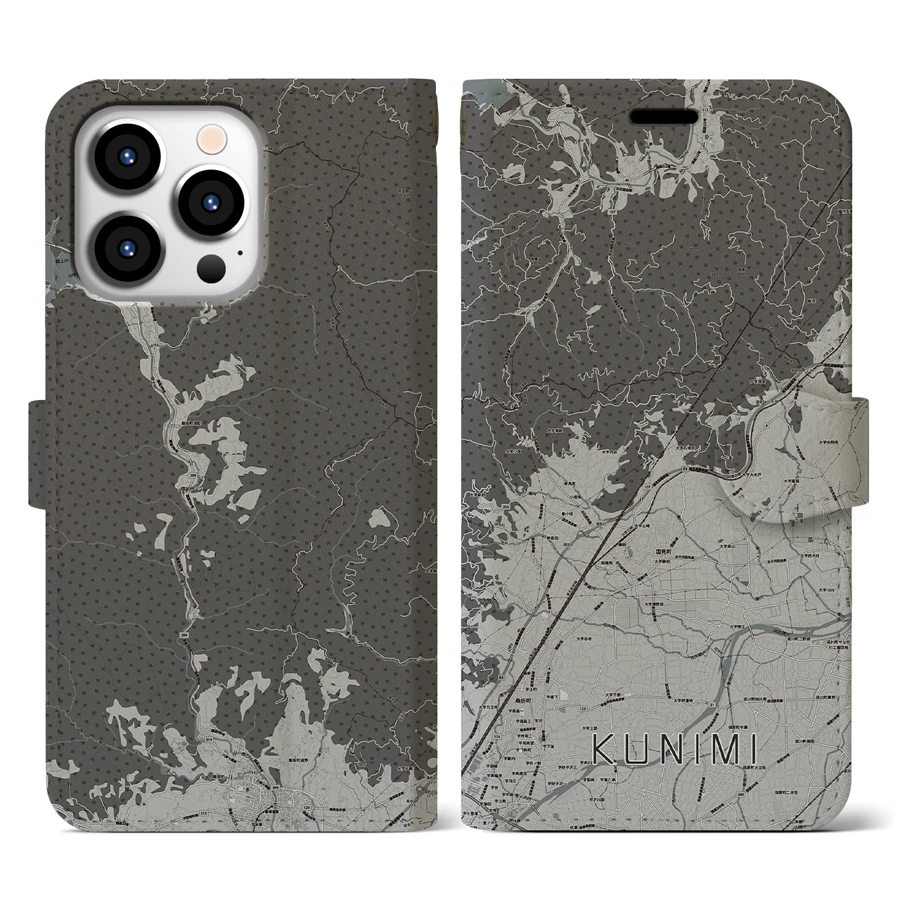 【国見(福島県)】地図柄iPhoneケース(手帳タイプ)モノトーン・iPhone 13 Pro 用