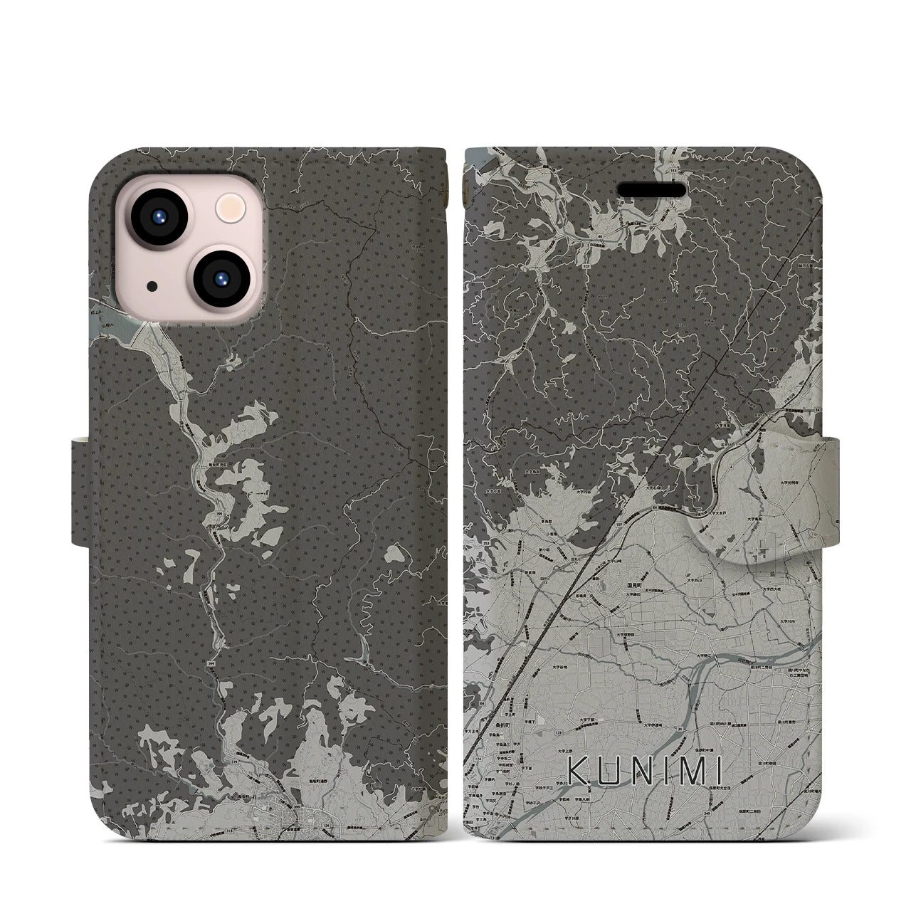 【国見(福島県)】地図柄iPhoneケース(手帳タイプ)モノトーン・iPhone 13 mini 用