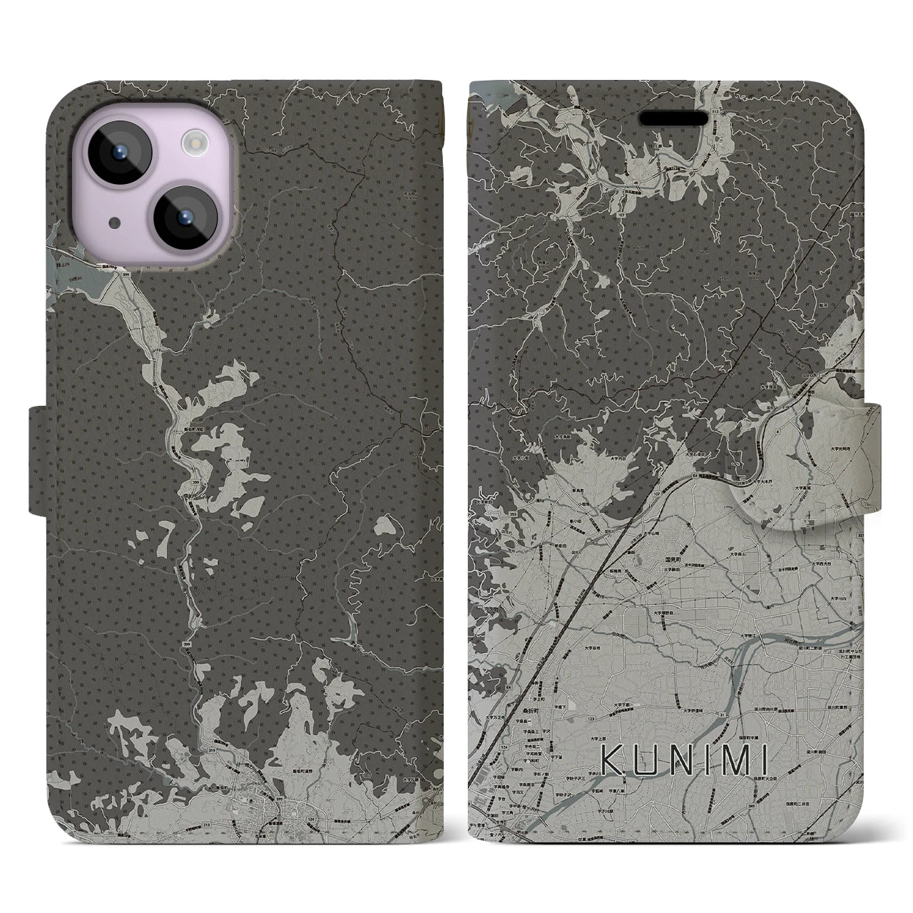 【国見(福島県)】地図柄iPhoneケース(手帳タイプ)モノトーン・iPhone 14 用