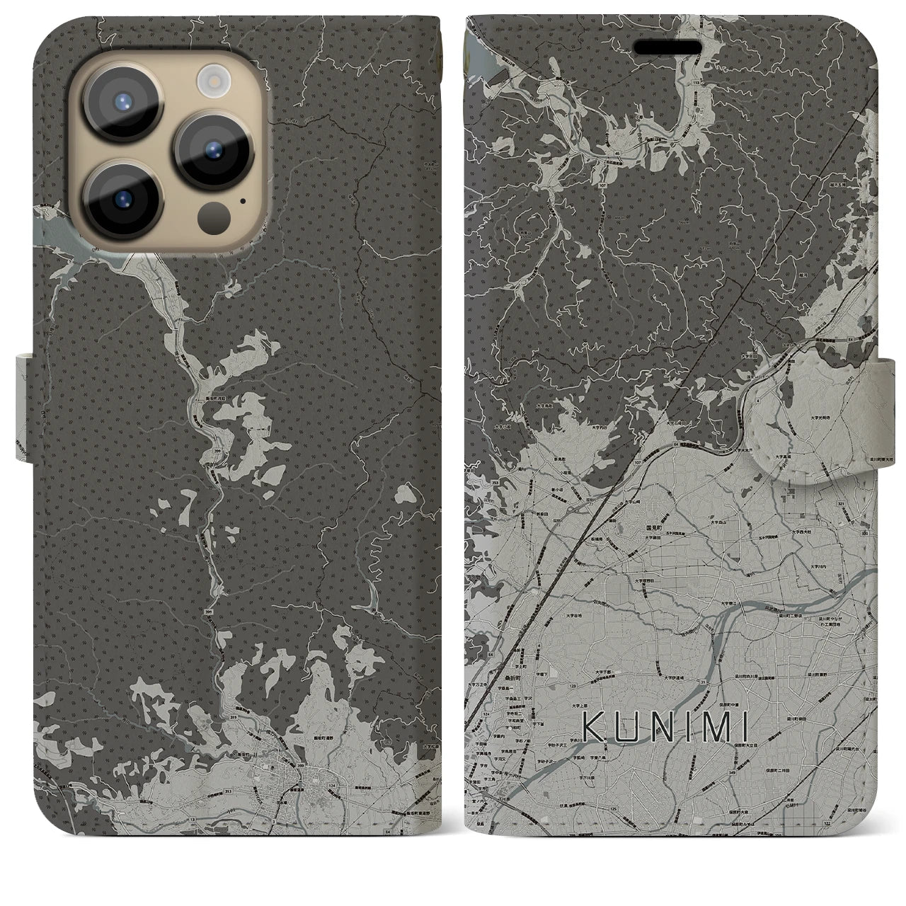 【国見(福島県)】地図柄iPhoneケース(手帳タイプ)モノトーン・iPhone 14 Pro Max 用