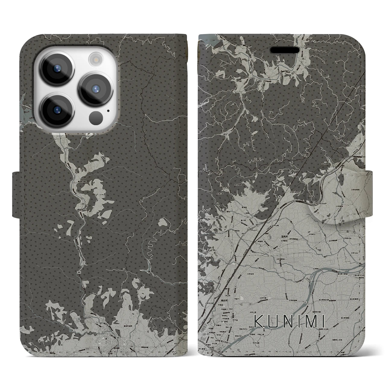 【国見(福島県)】地図柄iPhoneケース(手帳タイプ)モノトーン・iPhone 14 Pro 用