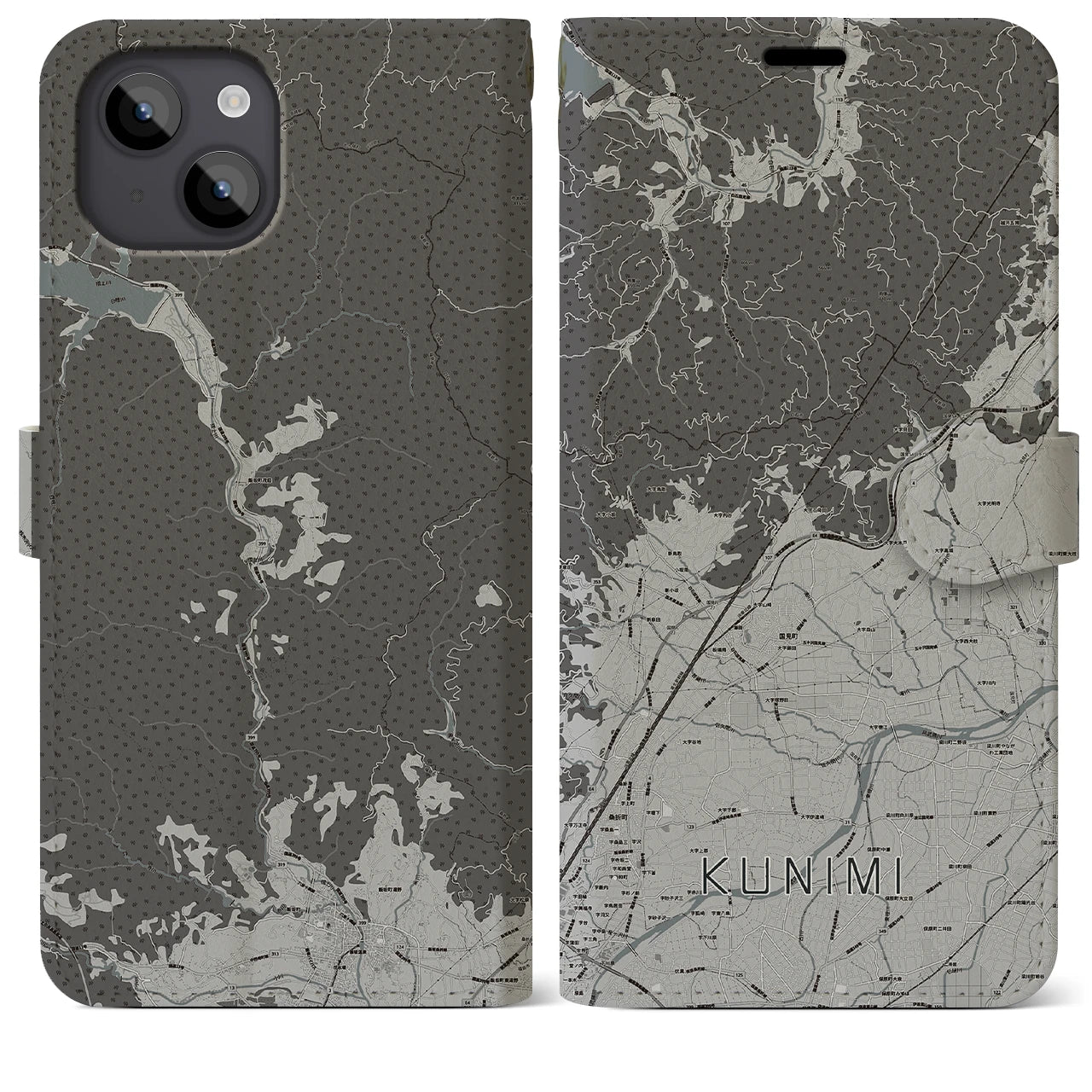 【国見(福島県)】地図柄iPhoneケース(手帳タイプ)モノトーン・iPhone 14 Plus 用