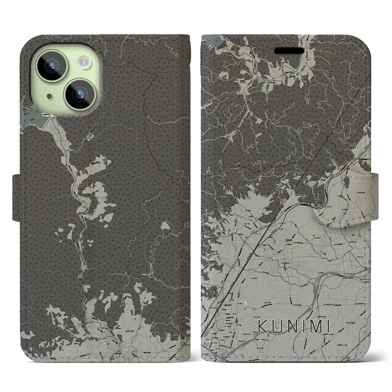 【国見(福島県)】地図柄iPhoneケース(手帳タイプ)モノトーン・iPhone 15 用