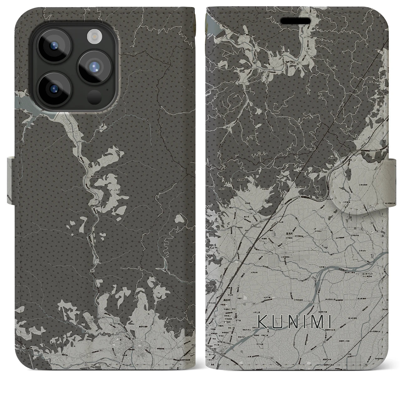 【国見(福島県)】地図柄iPhoneケース(手帳タイプ)モノトーン・iPhone 15 Pro Max 用