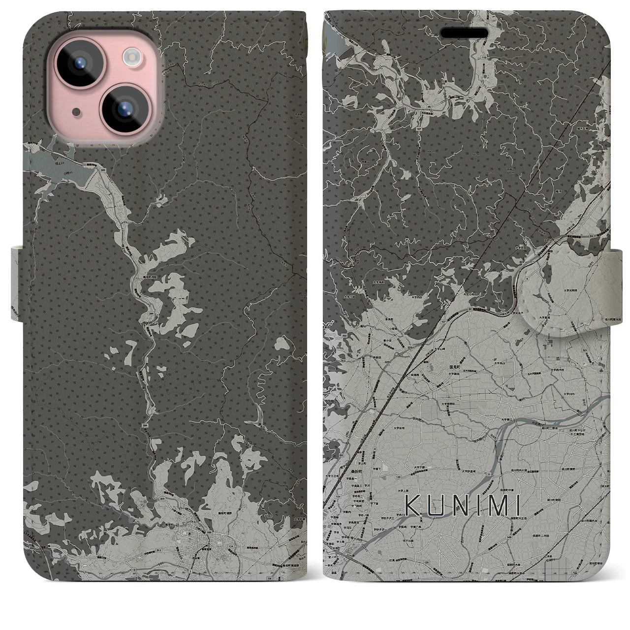 【国見(福島県)】地図柄iPhoneケース(手帳タイプ)モノトーン・iPhone 15 Plus 用