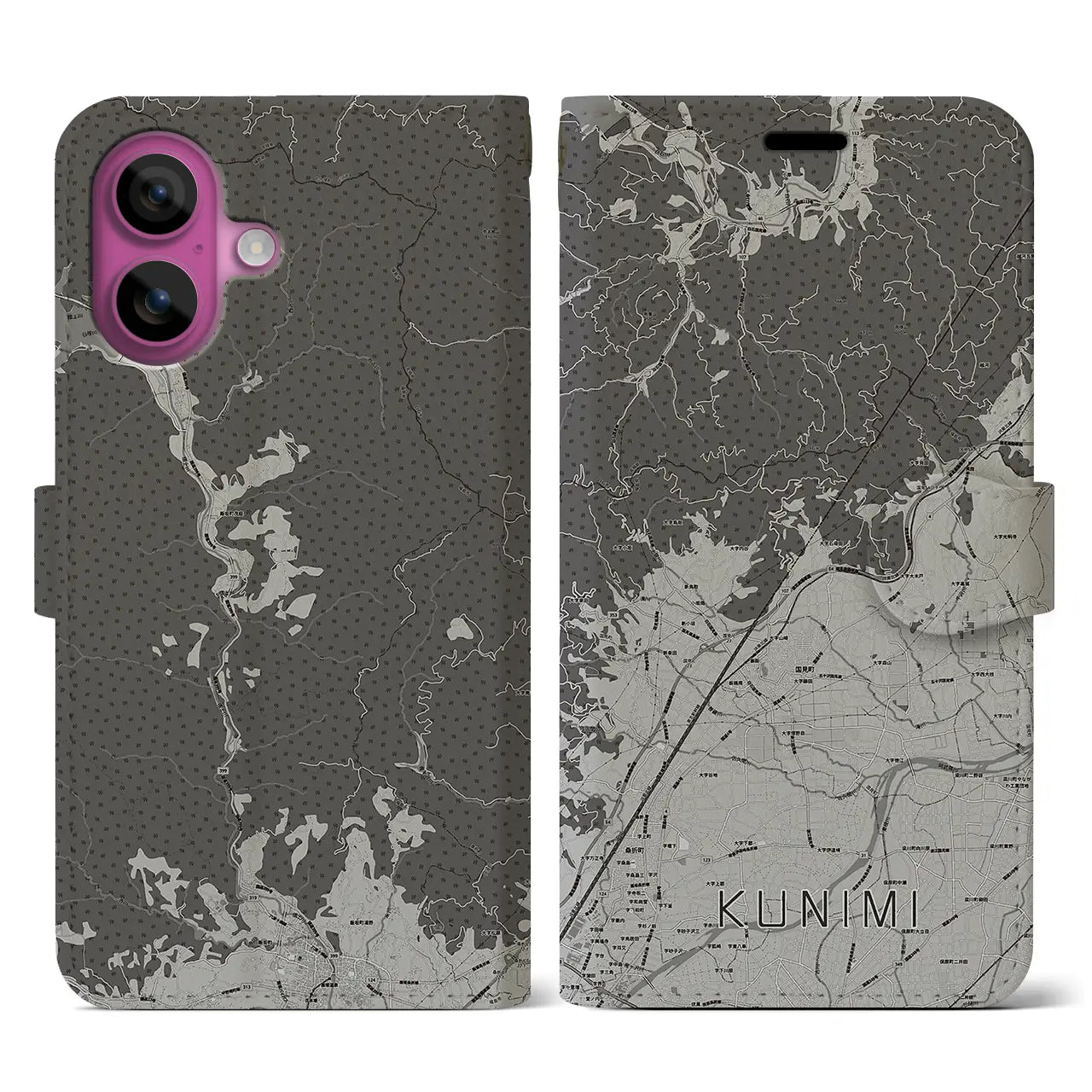 【国見(福島県)】地図柄iPhoneケース(手帳タイプ)モノトーン・iPhone 16 Pro 用