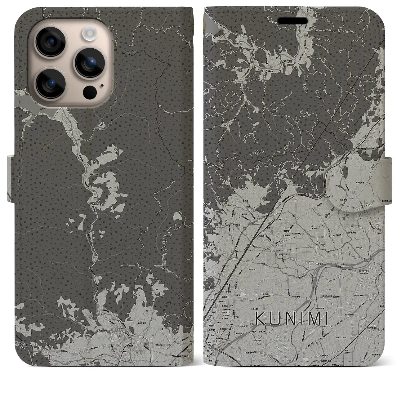 【国見(福島県)】地図柄iPhoneケース(手帳タイプ)モノトーン・iPhone 16 Plus 用