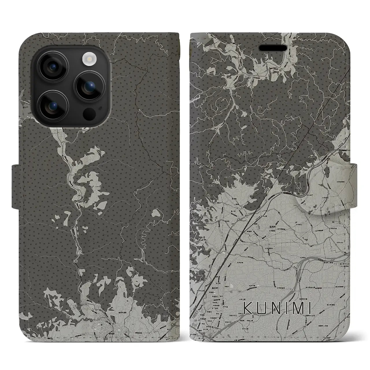 【国見(福島県)】地図柄iPhoneケース(手帳タイプ)モノトーン・iPhone 16 用