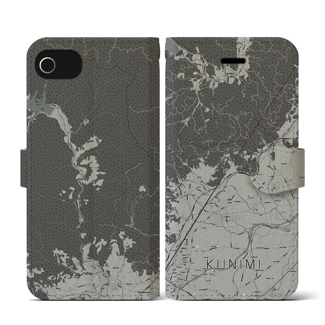 【国見(福島県)】地図柄iPhoneケース(手帳タイプ)モノトーン・iPhone SE(第3 / 第2世代) / 8 / 7 / 6s / 6 用