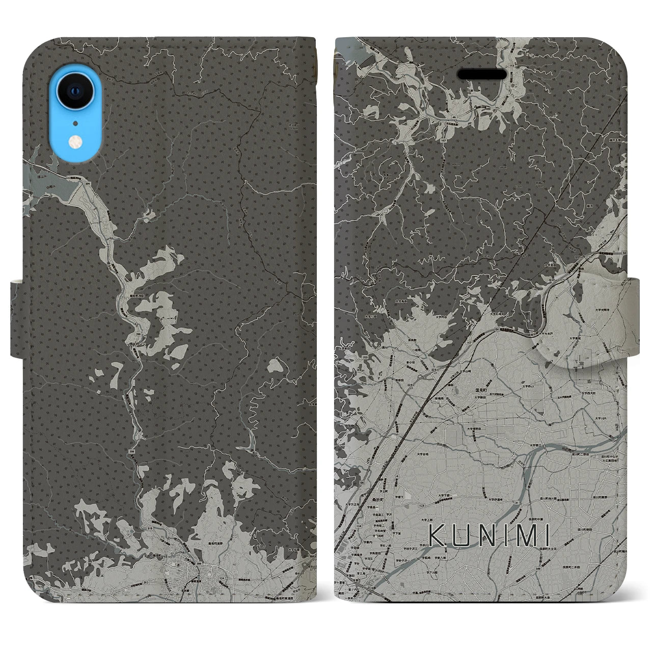 【国見(福島県)】地図柄iPhoneケース(手帳タイプ)モノトーン・iPhone XR 用