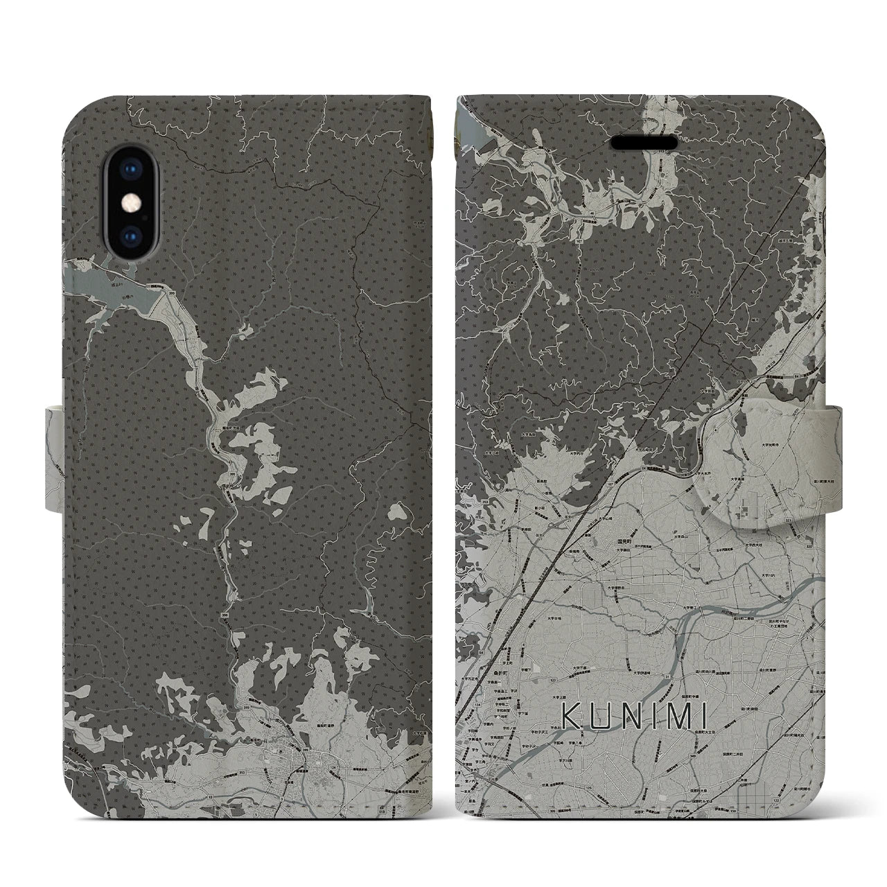 【国見(福島県)】地図柄iPhoneケース(手帳タイプ)モノトーン・iPhone XS / X 用