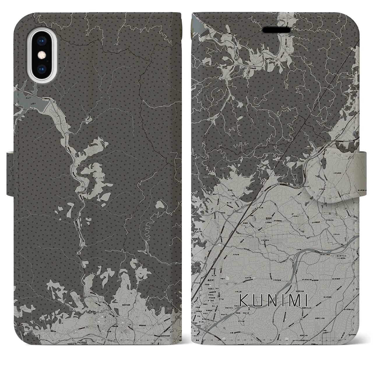 【国見(福島県)】地図柄iPhoneケース(手帳タイプ)モノトーン・iPhone XS Max 用