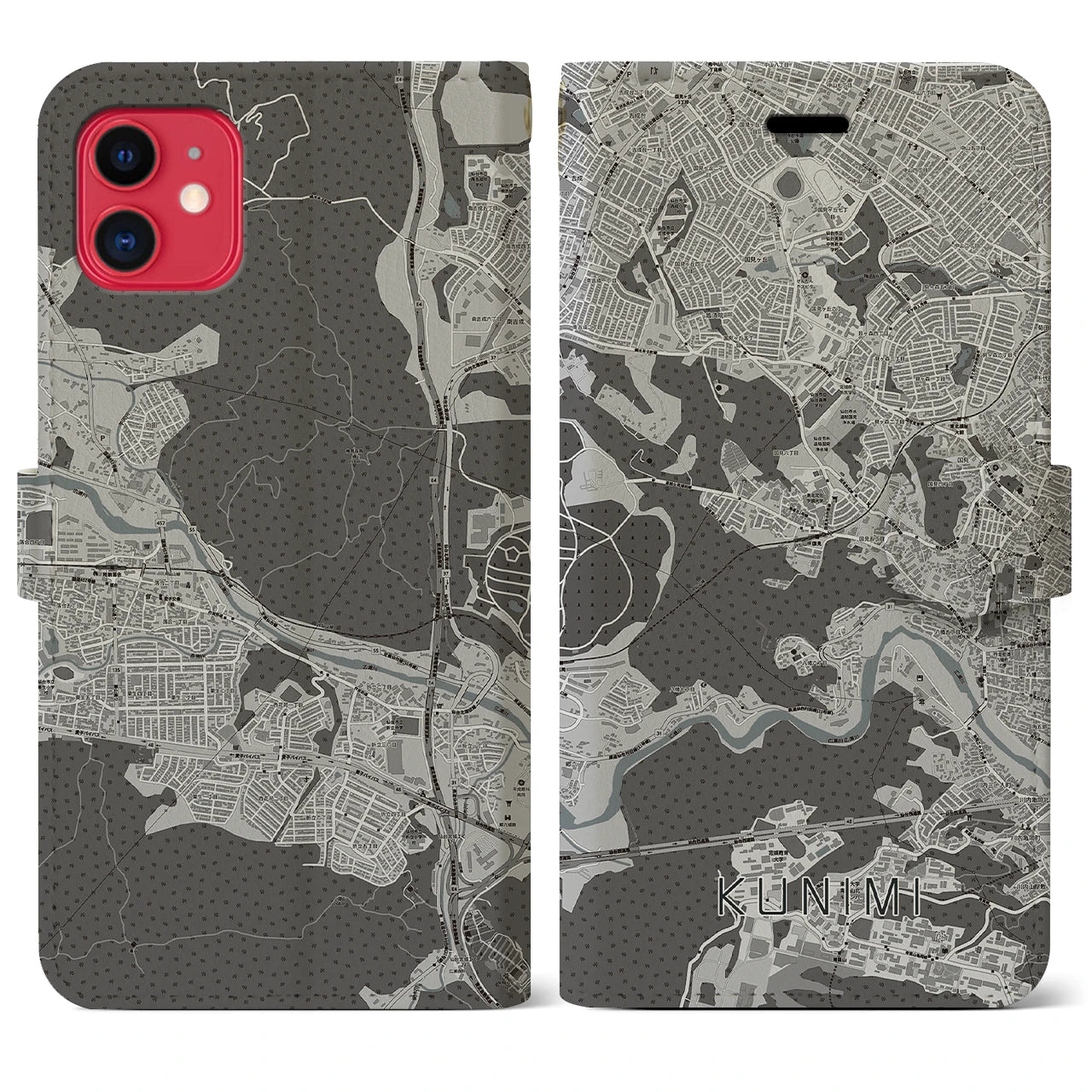 【国見(宮城県)】地図柄iPhoneケース(手帳タイプ)モノトーン・iPhone 11 用