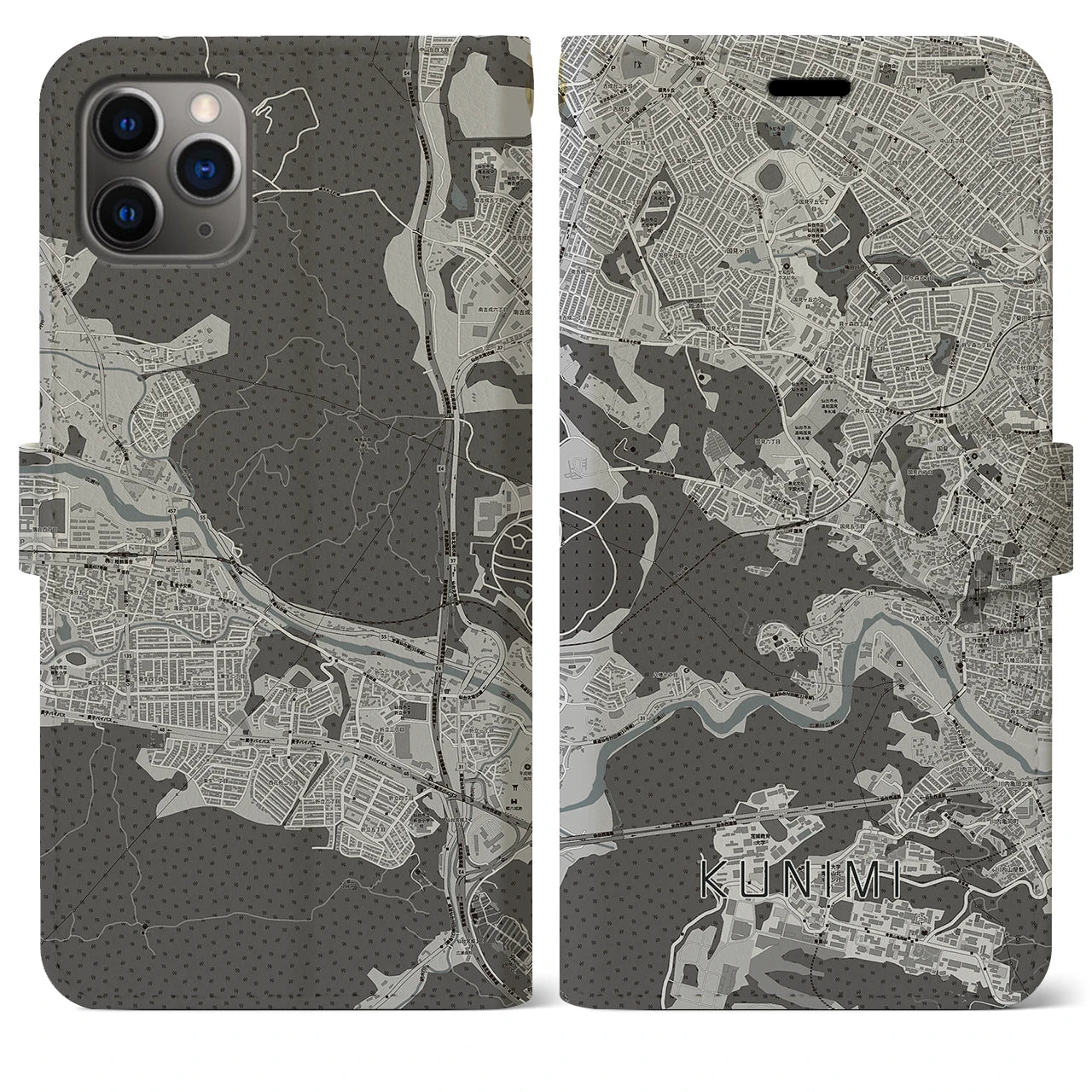 【国見(宮城県)】地図柄iPhoneケース(手帳タイプ)モノトーン・iPhone 11 Pro Max 用