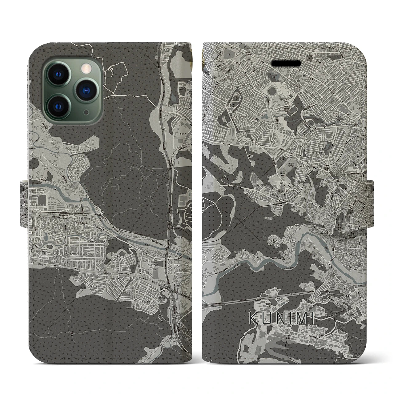 【国見(宮城県)】地図柄iPhoneケース(手帳タイプ)モノトーン・iPhone 11 Pro 用
