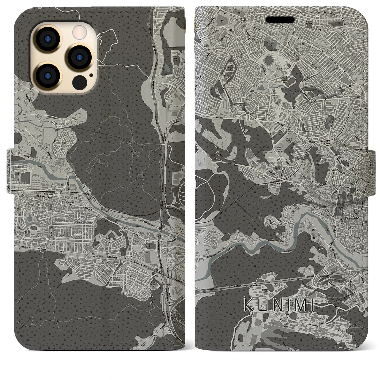 【国見(宮城県)】地図柄iPhoneケース(手帳タイプ)モノトーン・iPhone 12 Pro Max 用