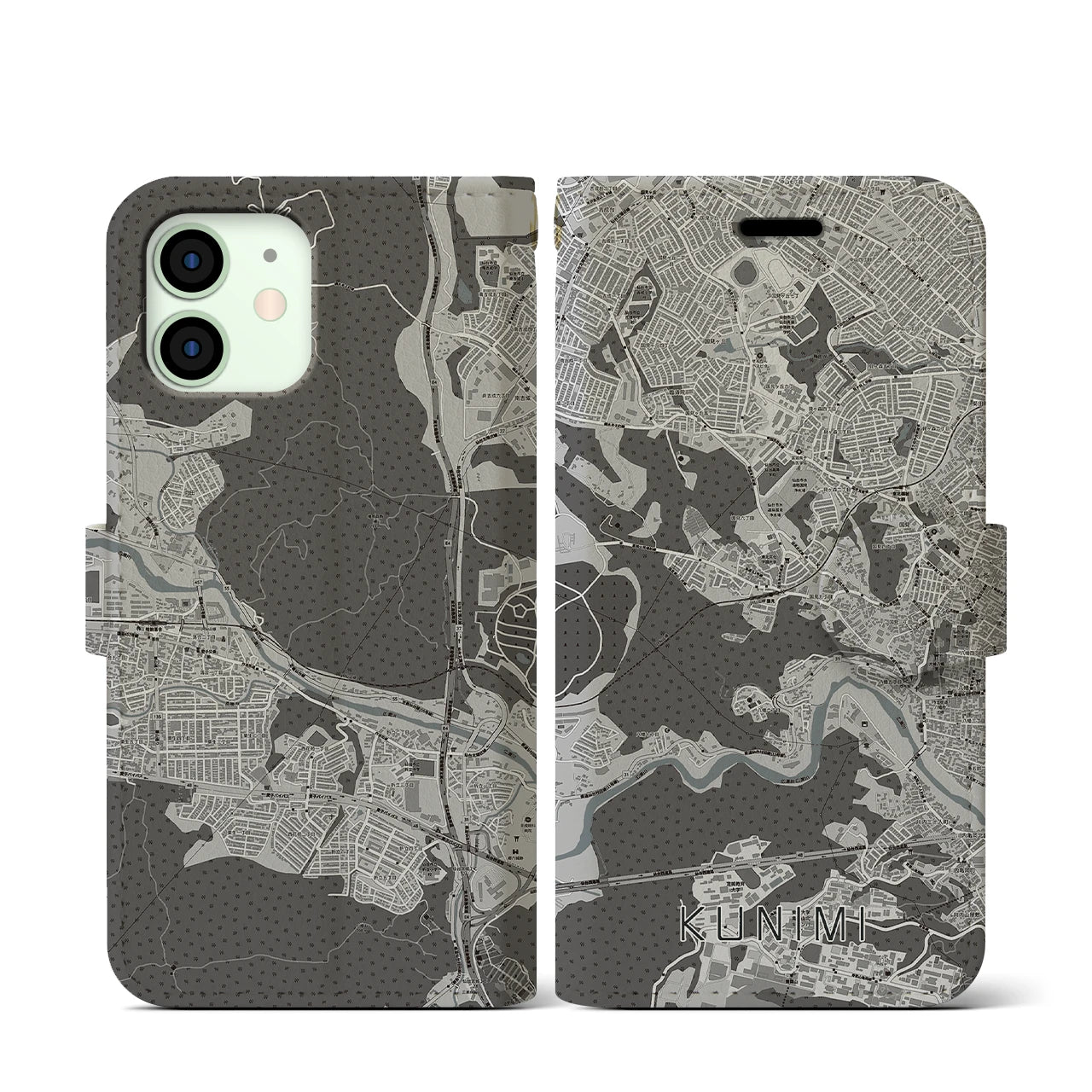 【国見(宮城県)】地図柄iPhoneケース(手帳タイプ)モノトーン・iPhone 12 mini 用