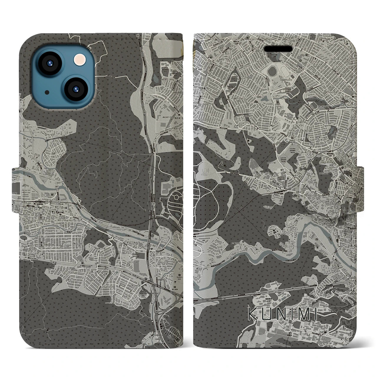 【国見(宮城県)】地図柄iPhoneケース(手帳タイプ)モノトーン・iPhone 13 用