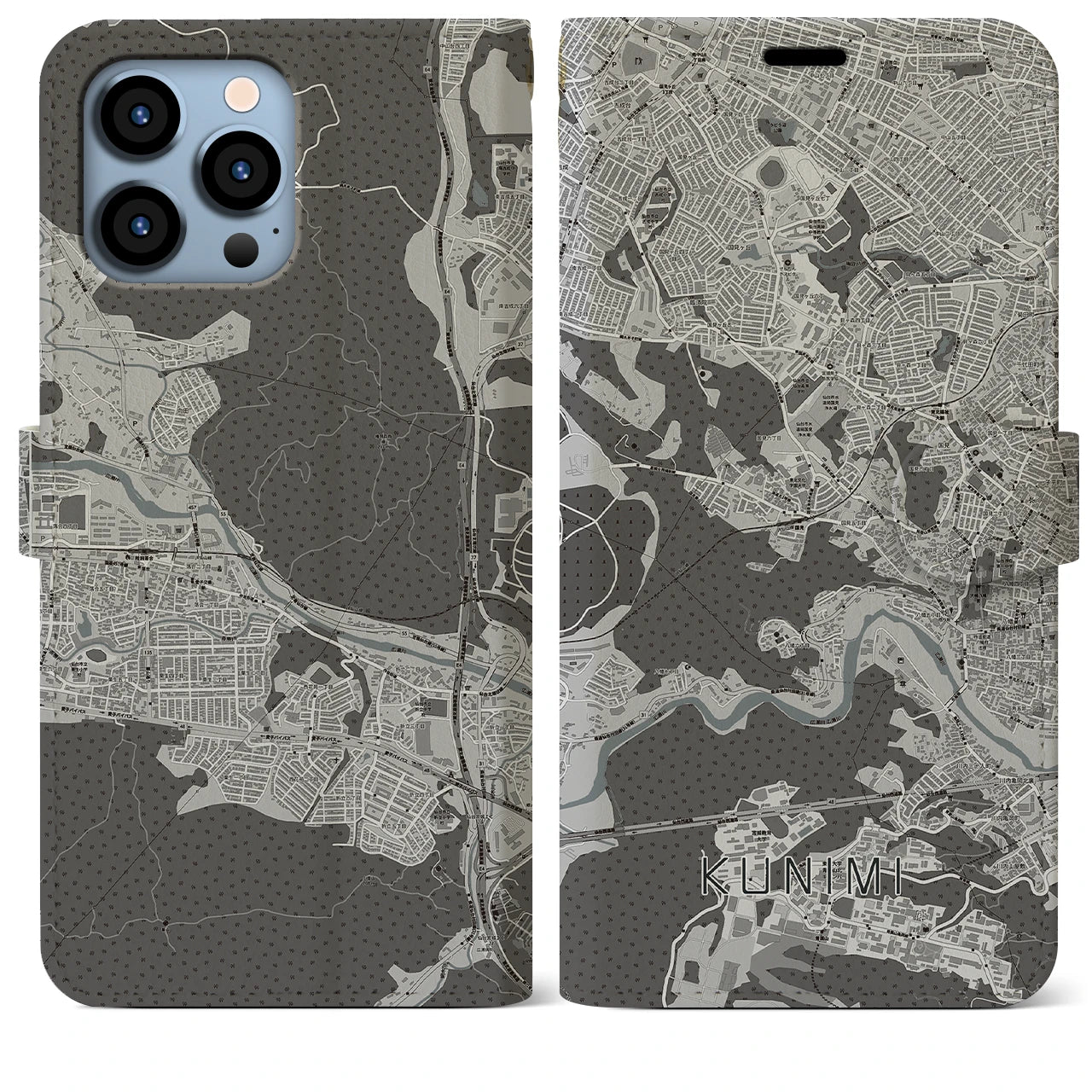 【国見(宮城県)】地図柄iPhoneケース(手帳タイプ)モノトーン・iPhone 13 Pro Max 用