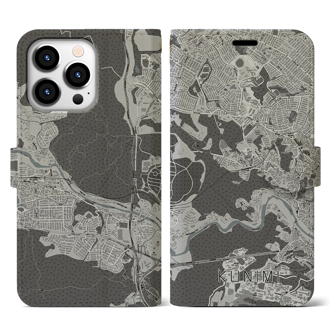 【国見(宮城県)】地図柄iPhoneケース(手帳タイプ)モノトーン・iPhone 13 Pro 用