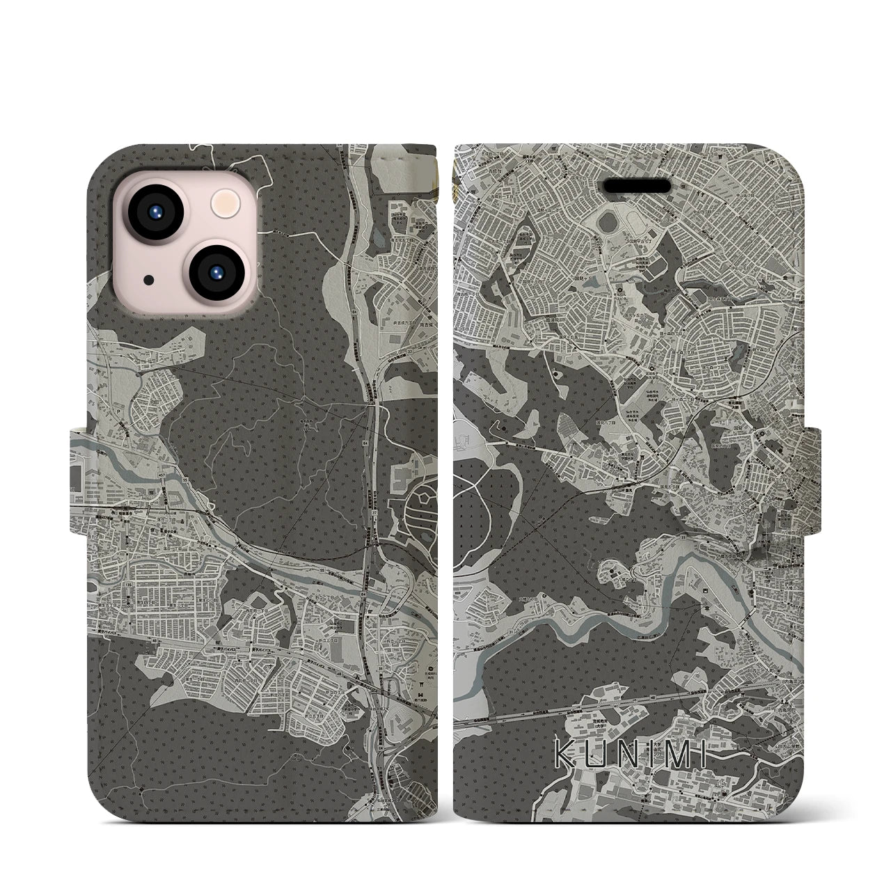 【国見(宮城県)】地図柄iPhoneケース(手帳タイプ)モノトーン・iPhone 13 mini 用