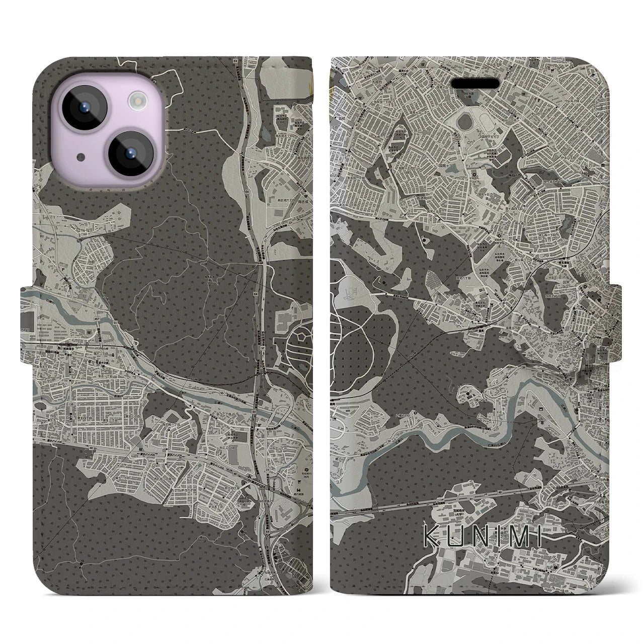 【国見(宮城県)】地図柄iPhoneケース(手帳タイプ)モノトーン・iPhone 14 用