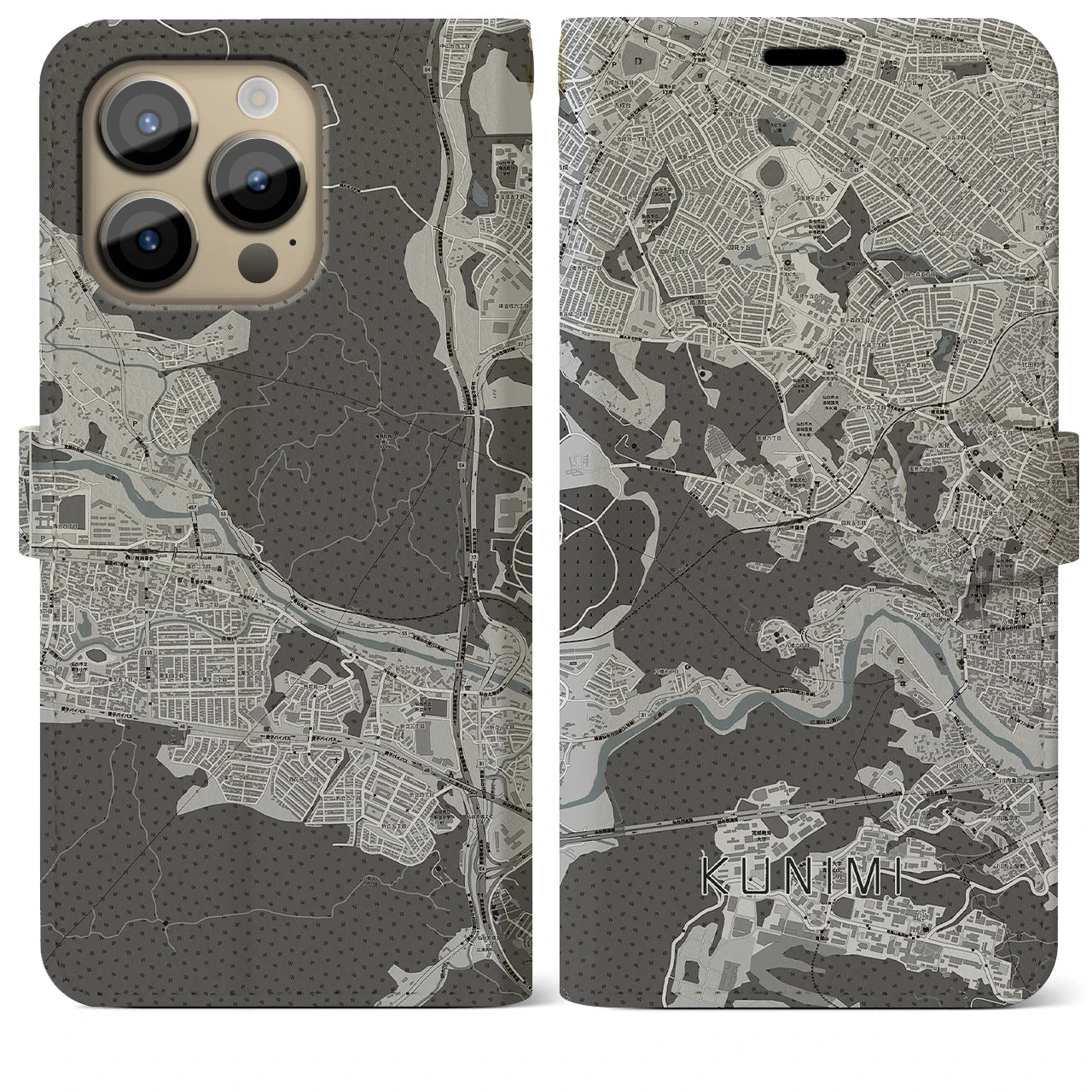 【国見(宮城県)】地図柄iPhoneケース(手帳タイプ)モノトーン・iPhone 14 Pro Max 用