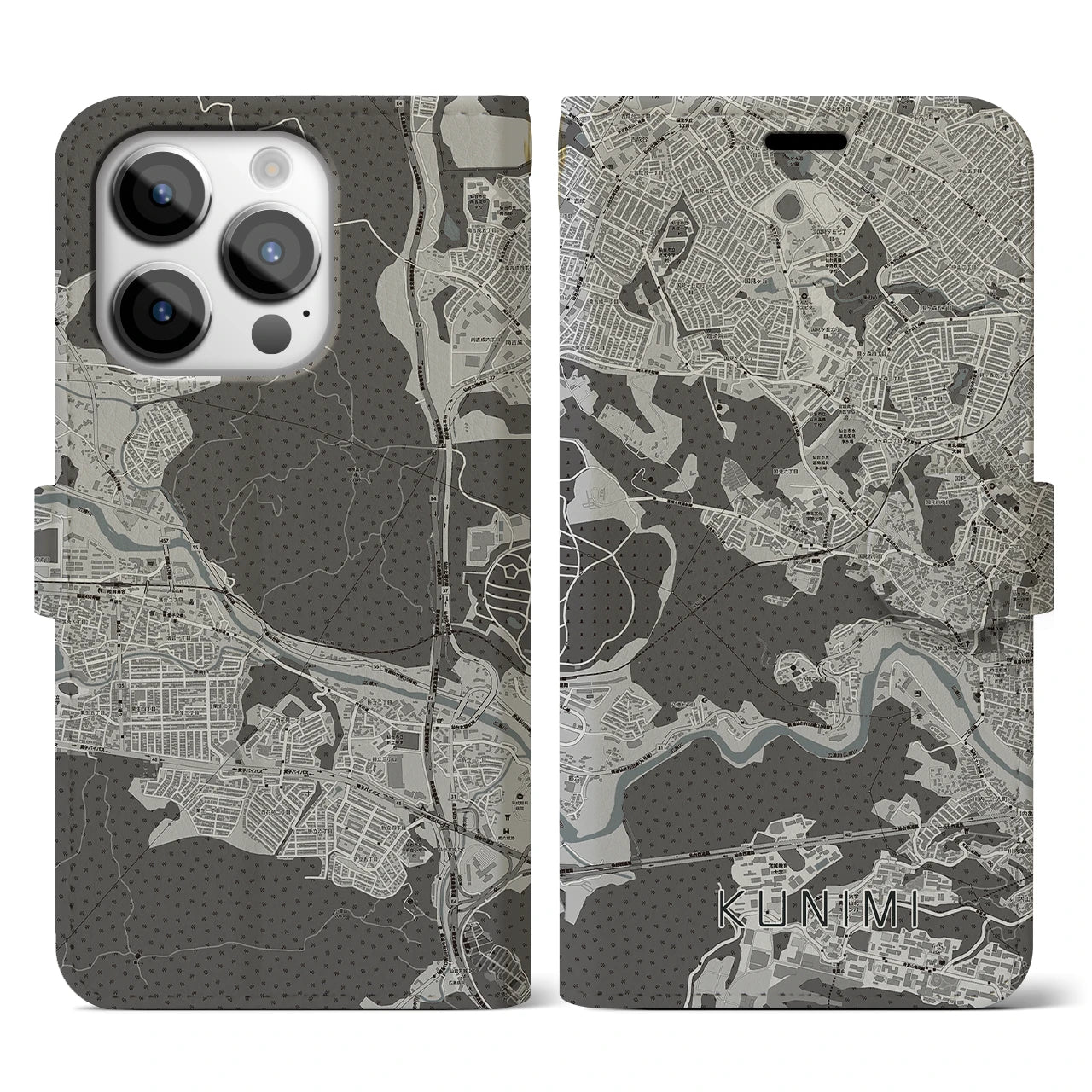 【国見(宮城県)】地図柄iPhoneケース(手帳タイプ)モノトーン・iPhone 14 Pro 用