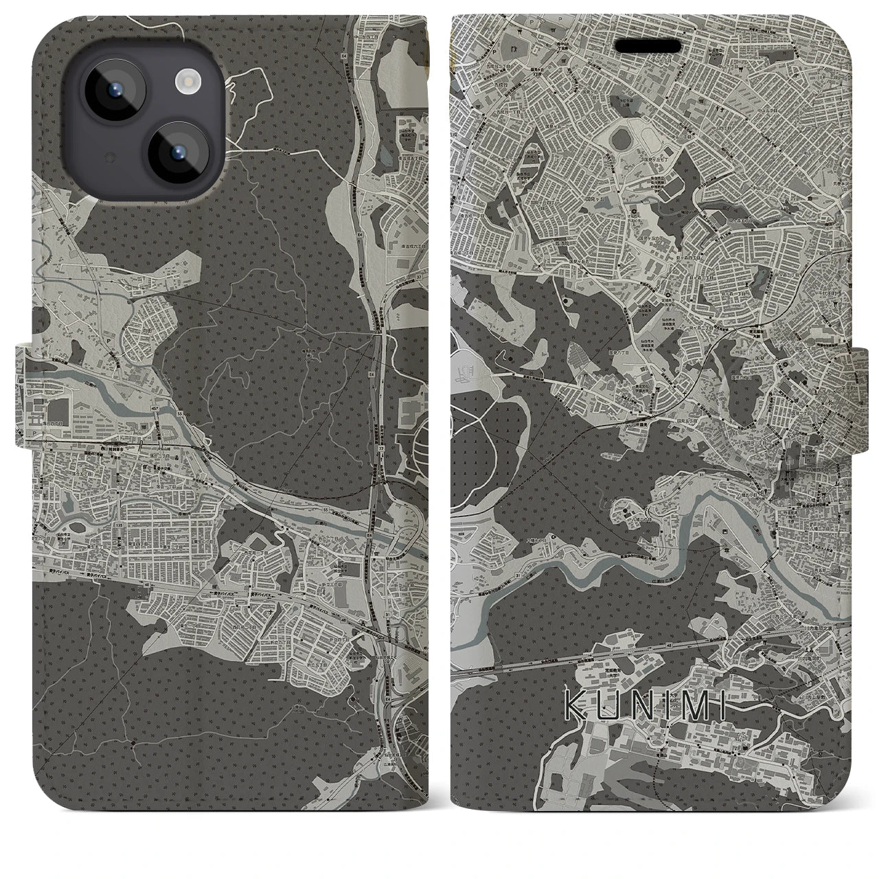 【国見(宮城県)】地図柄iPhoneケース(手帳タイプ)モノトーン・iPhone 14 Plus 用