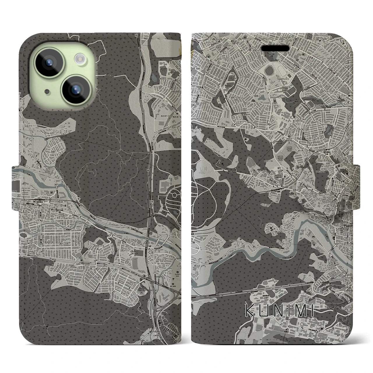 【国見(宮城県)】地図柄iPhoneケース(手帳タイプ)モノトーン・iPhone 15 用