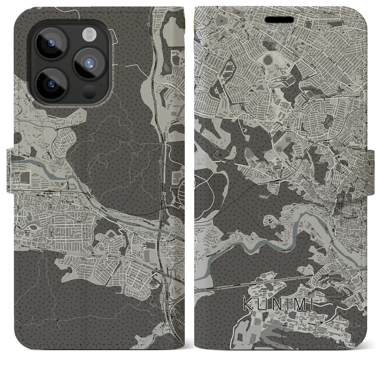 【国見(宮城県)】地図柄iPhoneケース(手帳タイプ)モノトーン・iPhone 15 Pro Max 用