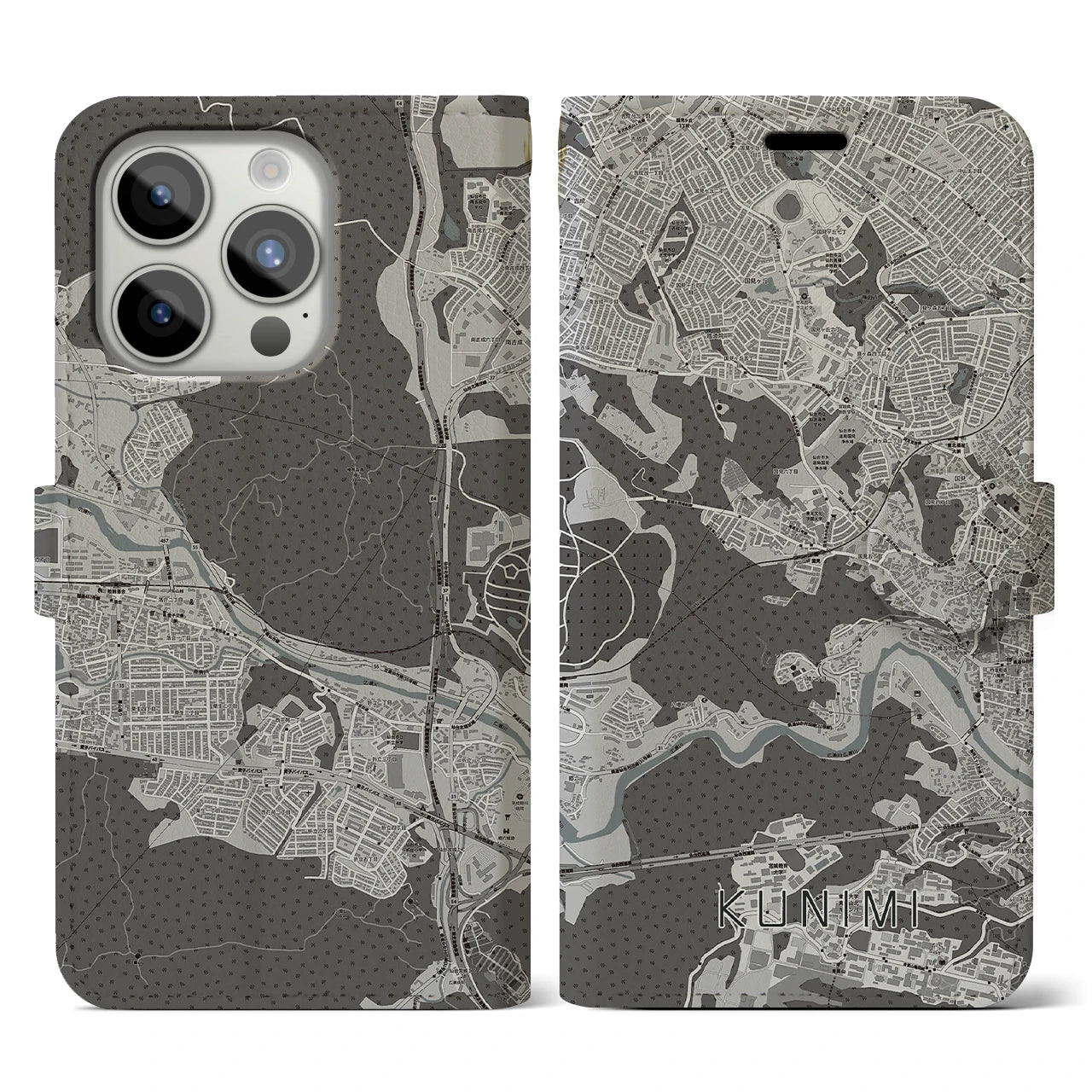 【国見(宮城県)】地図柄iPhoneケース(手帳タイプ)モノトーン・iPhone 15 Pro 用